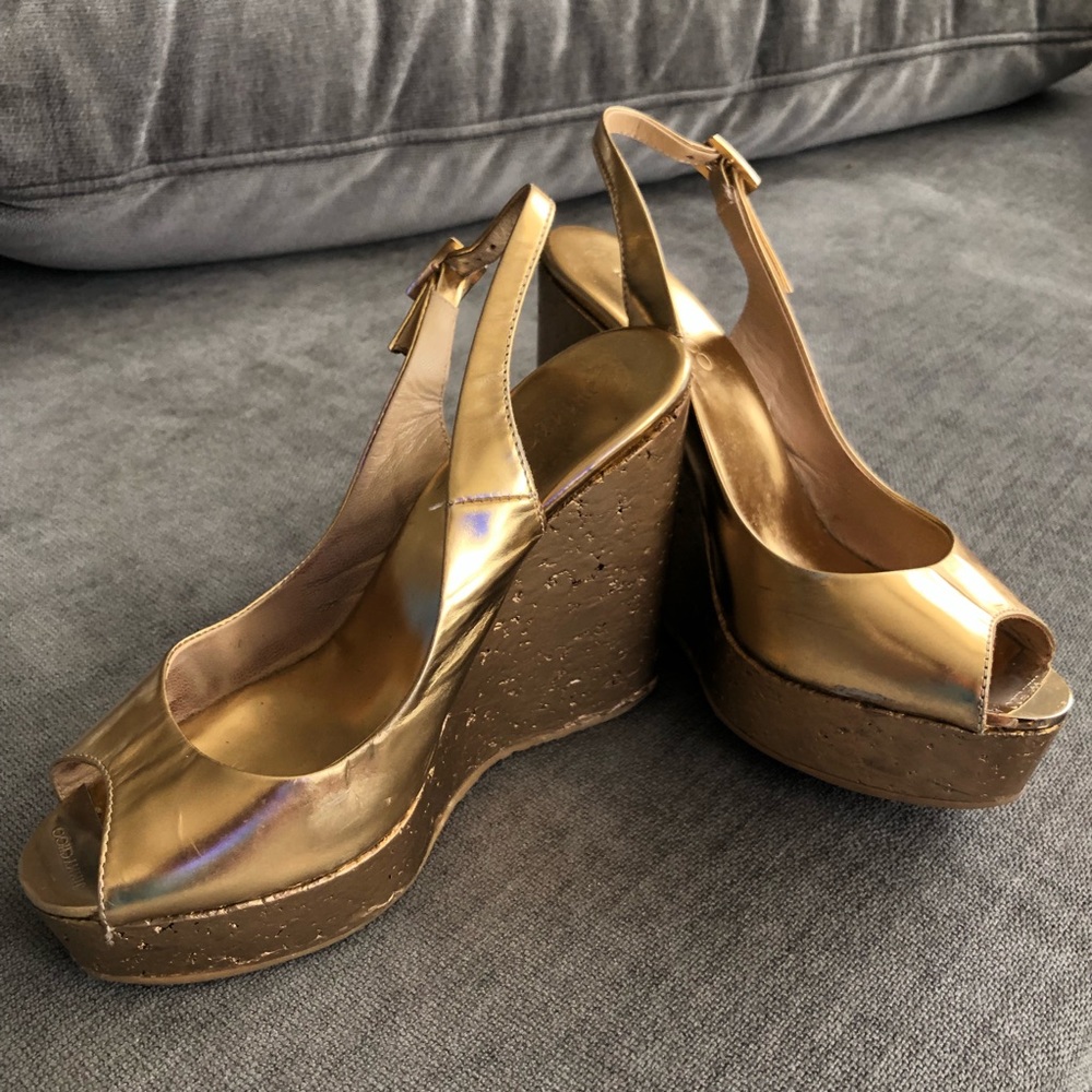 Jimmy Choo Gold Prova Leather Wedge Slingback